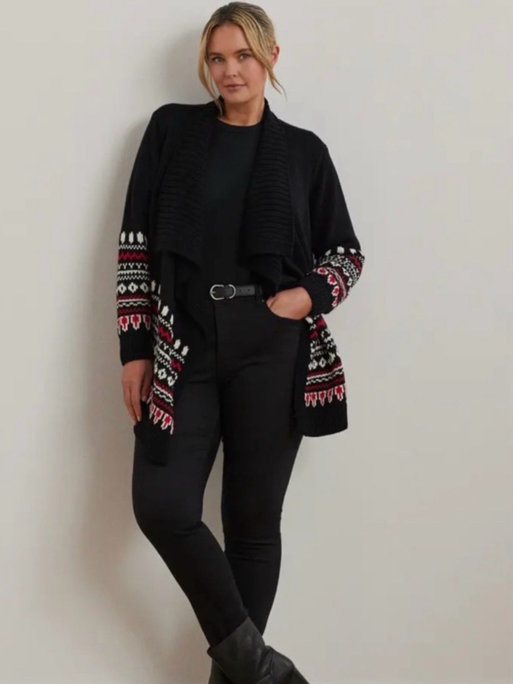 Lauren Ralph Lauren Womens XL Black Fair Isle Cotton Shawl-Collar Cardigan